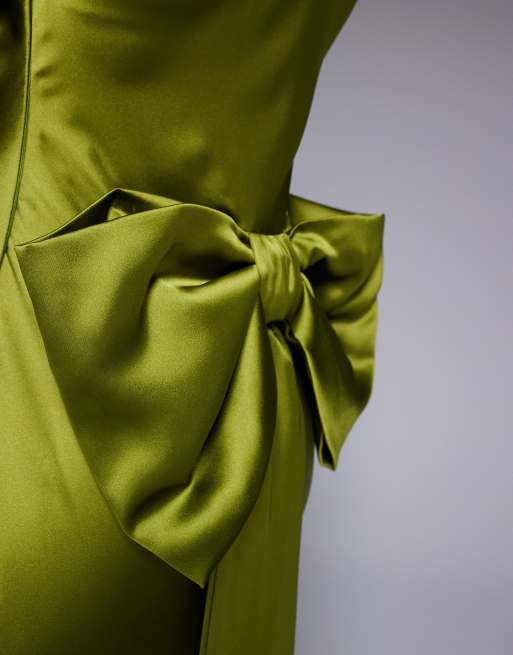 Daska – Maxikleid aus Satin in Olivgrün mit auffälliger Schleife am Rücken, 2 von 4
