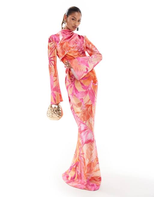 Daska – Maxikleid aus Satin mit ausgestellten Ärmeln und leuchtendem tropischem Print