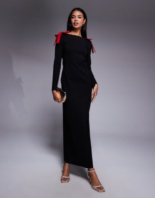 Daska - Maxikleid in Schwarz mit roten Schulterschleifen