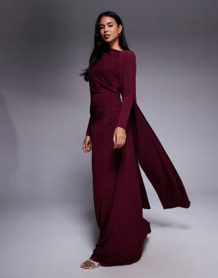 Daska - Maxikleid in Weinrot mit One-Shoulder-Cape