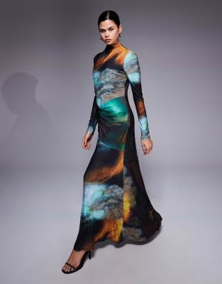 Daska - Maxikleid mit abstraktem Druck und verdrehtem Detail vorne-Bunt