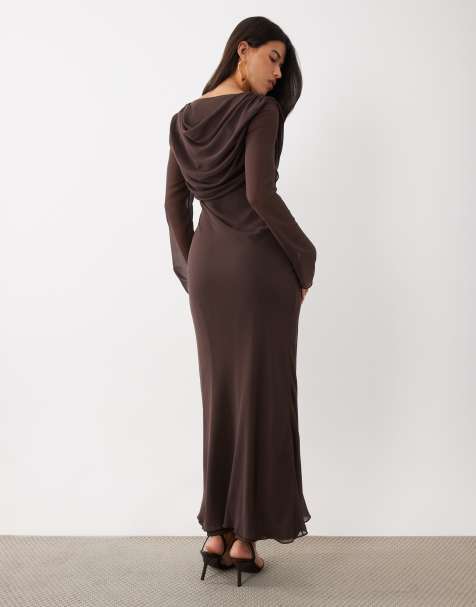 Daska mesh cowl back and front detail maxi dress in chocolate - view 1