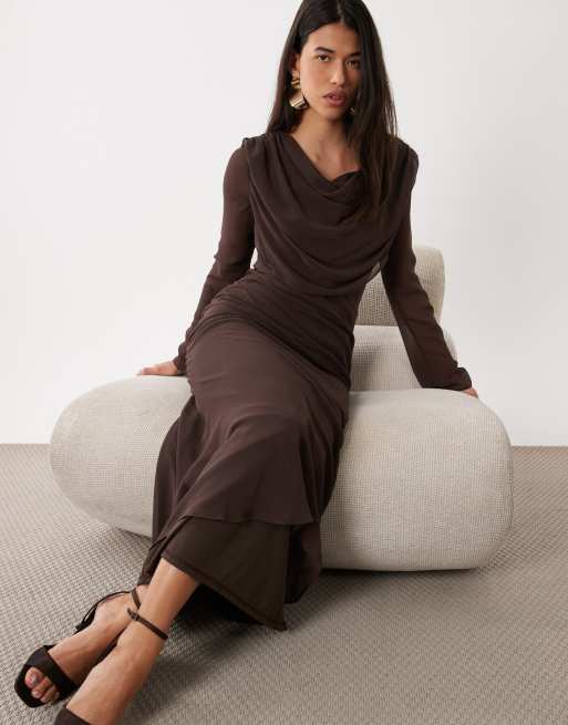 Daska mesh cowl back and front detail maxi dress in chocolate, 2 of 4