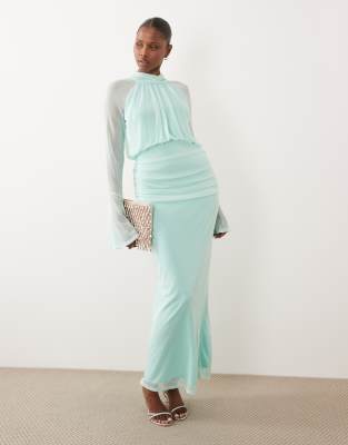 Daska mesh drape long sleeve high neck maxi dress in aqua