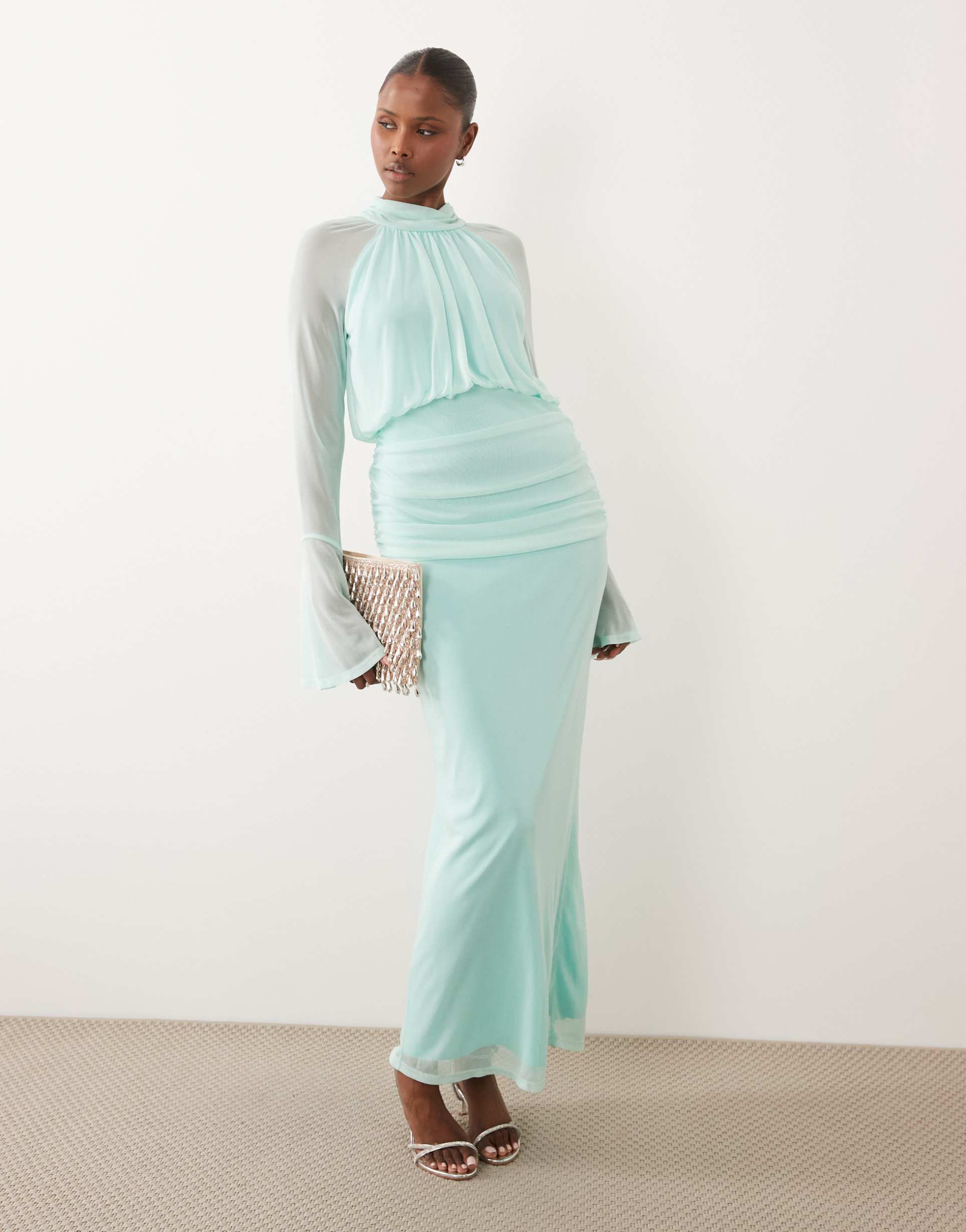daska mesh drape long sleeve high neck maxi dress in aqua