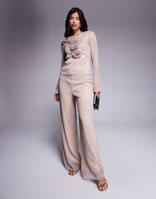 Daska mesh long sleeve top with roset detail co-ord in soft gold, 2 of 4