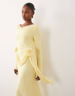 Daska mesh slash cowl neck corsage drape detail maxi dress in lemon