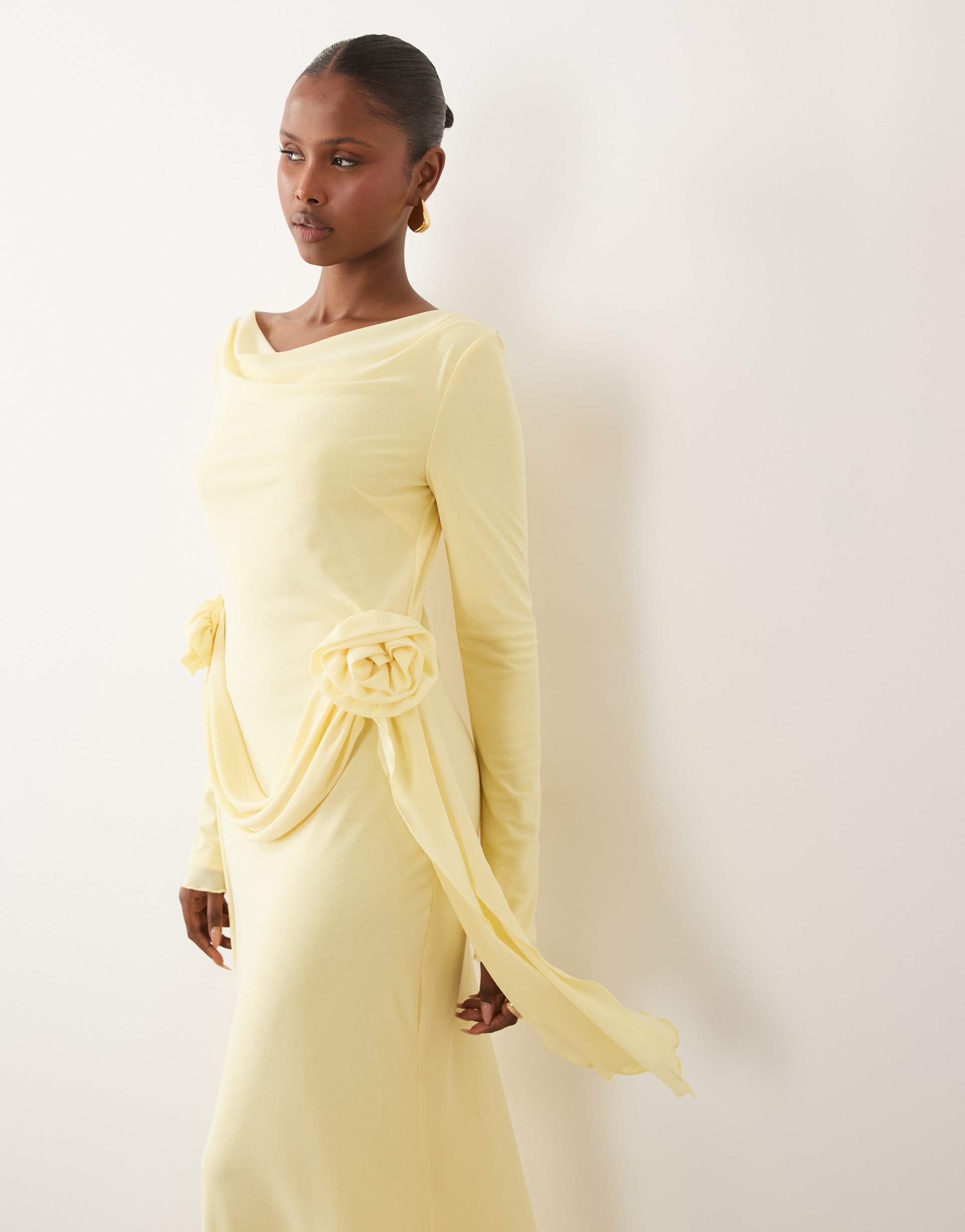 daska mesh slash cowl neck corsage drape detail maxi dress in lemon