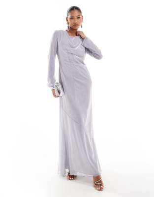 metallic cowl neck maxi dress in silver