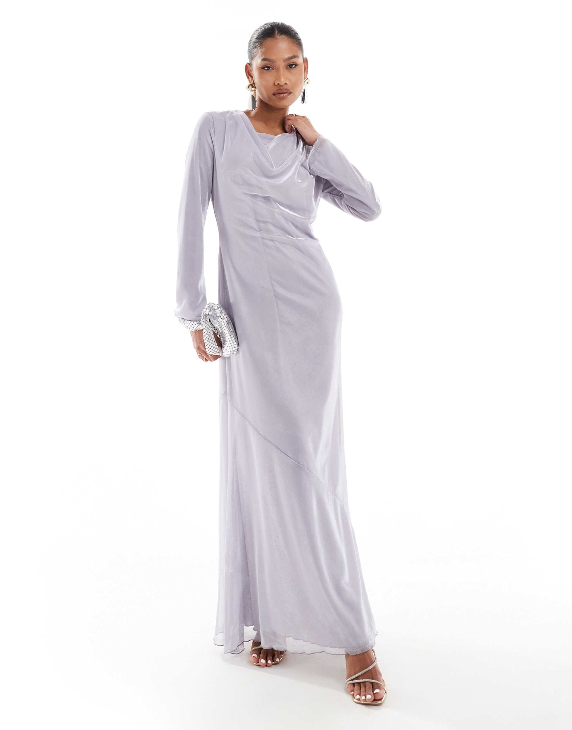 daska metallic cowl neck maxi dress in silver