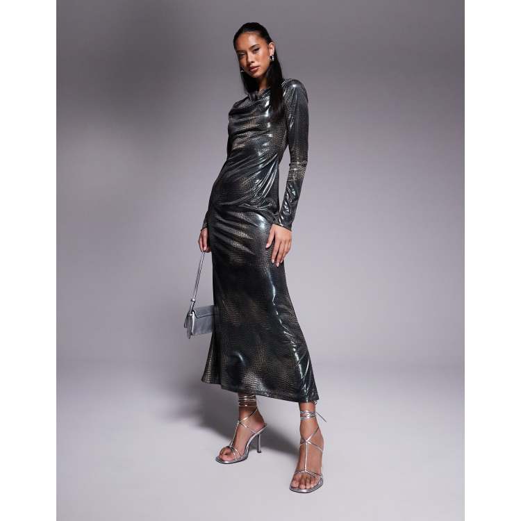 snakeskin satin dress NIKKI LUND Women's Prince Metallic Snakeskin Print Long Sleeve Dress - Purple