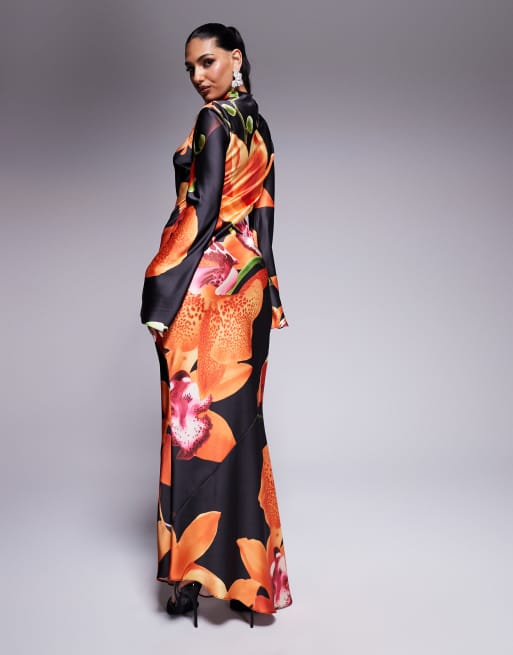 Daska - Mørk maxikjole i satin med blomsterprint, 3 af 4
