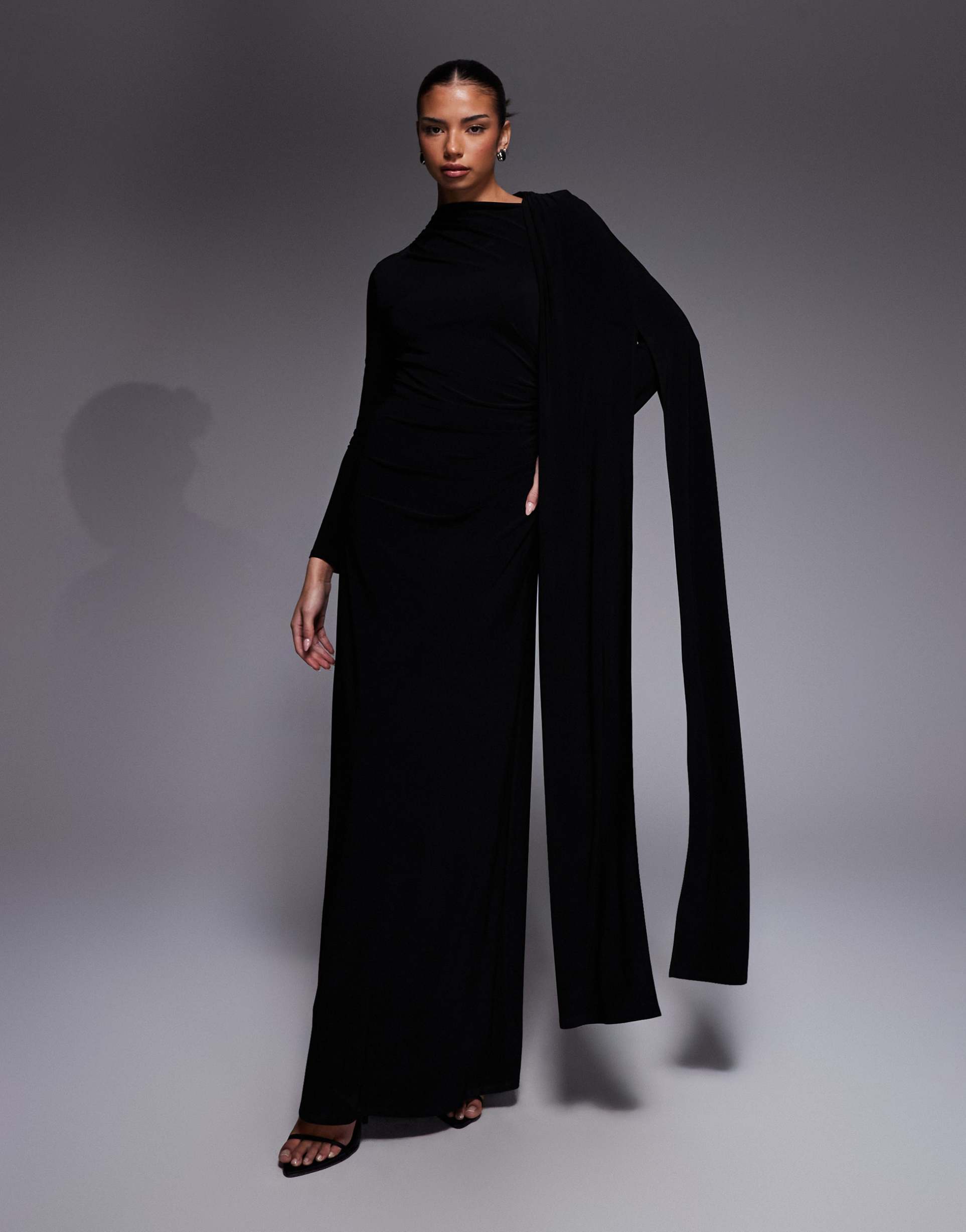daska one shoulder cape maxi dress in black