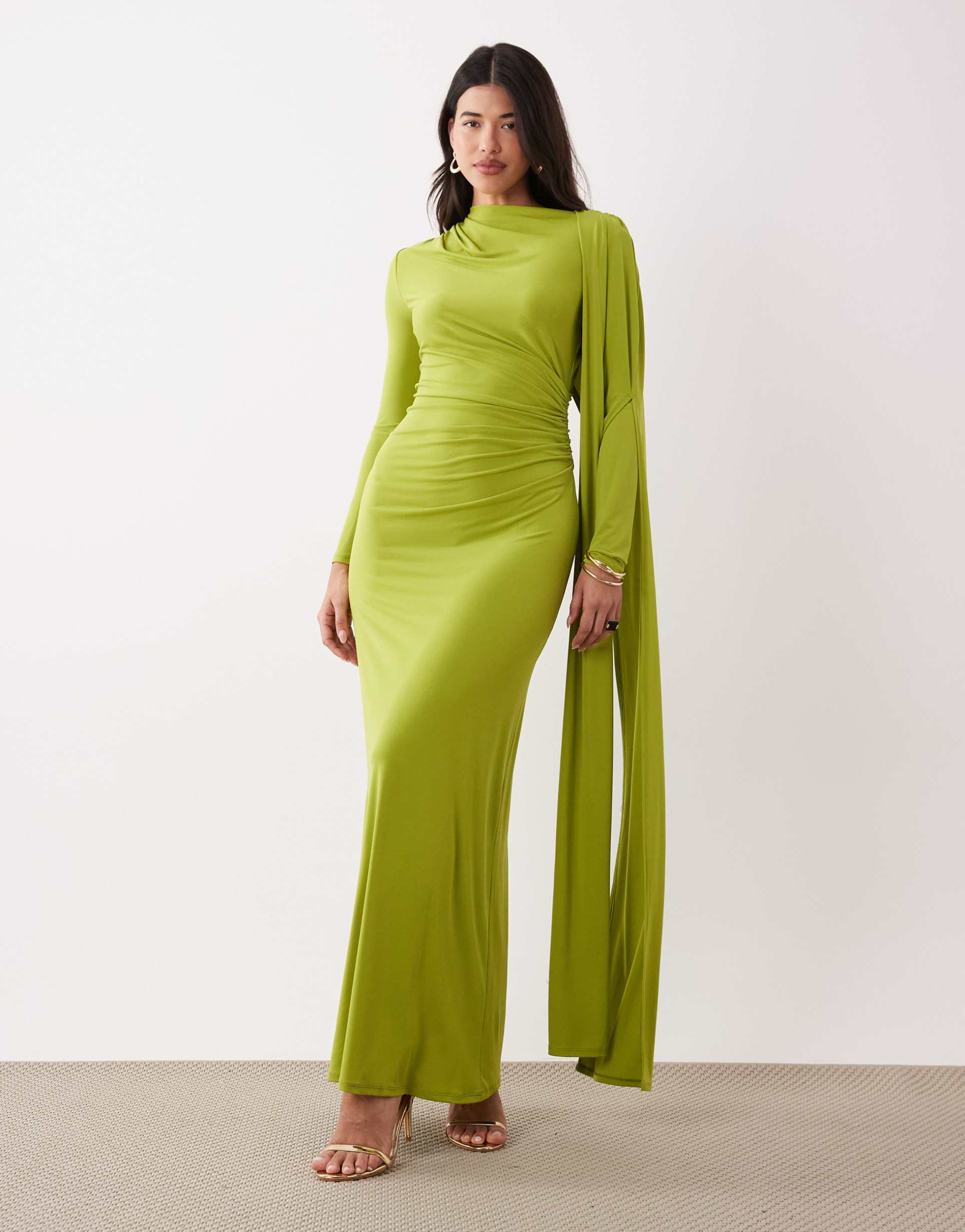 daska one shoulder cape maxi dress in chartreuse