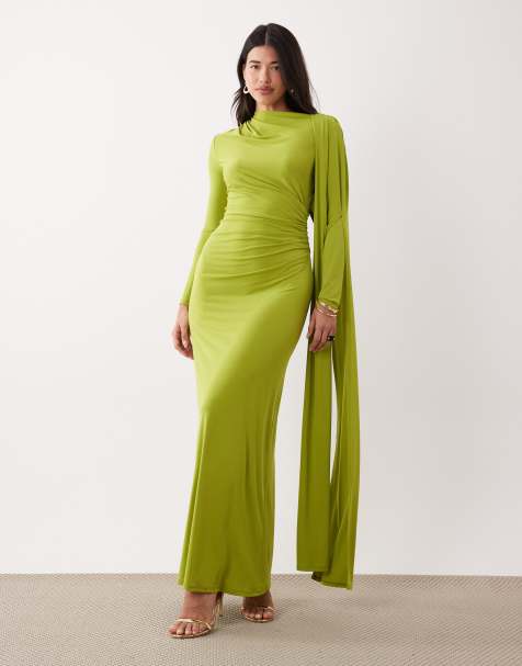 Daska one shoulder cape maxi dress in chartreuse