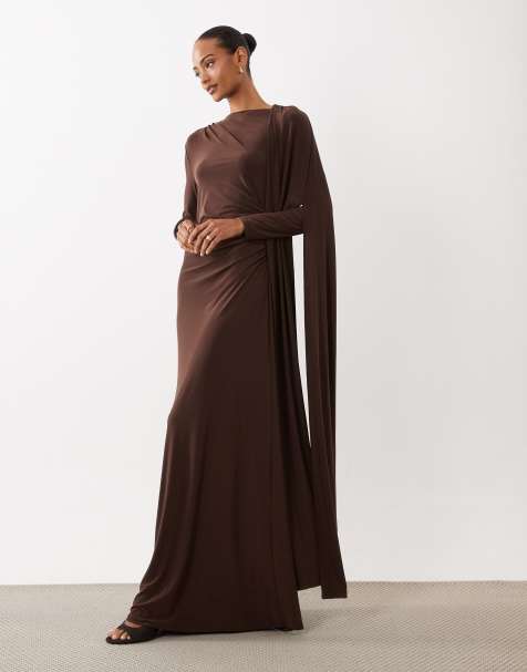 Daska one shoulder cape maxi dress in chocolate - view 1