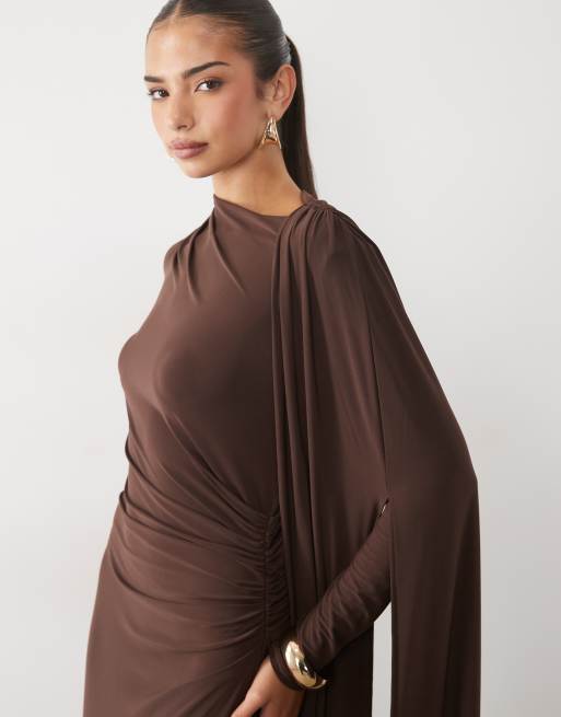 Daska one shoulder cape maxi dress in chocolate, 3 of 4