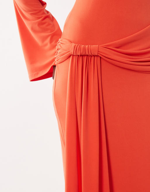 Daska - Orange langærmet maxikjole med stretch og høj hals samt drapering og snoet detalje, 3 af 4