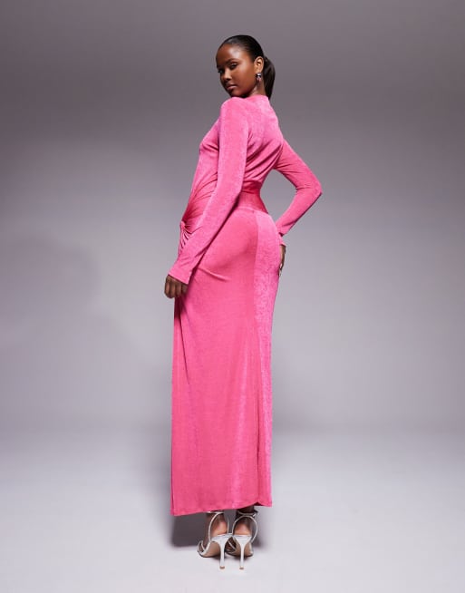 Daska - Pink langærmet maxikjole med høj hals og snoet detalje samt stretch, 2 af 4