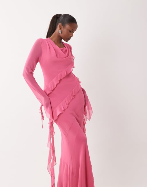 Daska - Pink maxikjole i chiffon med høj vandfaldsudskæring og flæsedetaljer, 2 af 4
