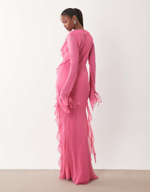 Daska - Pink maxikjole i chiffon med høj vandfaldsudskæring og flæsedetaljer, 4 af 4