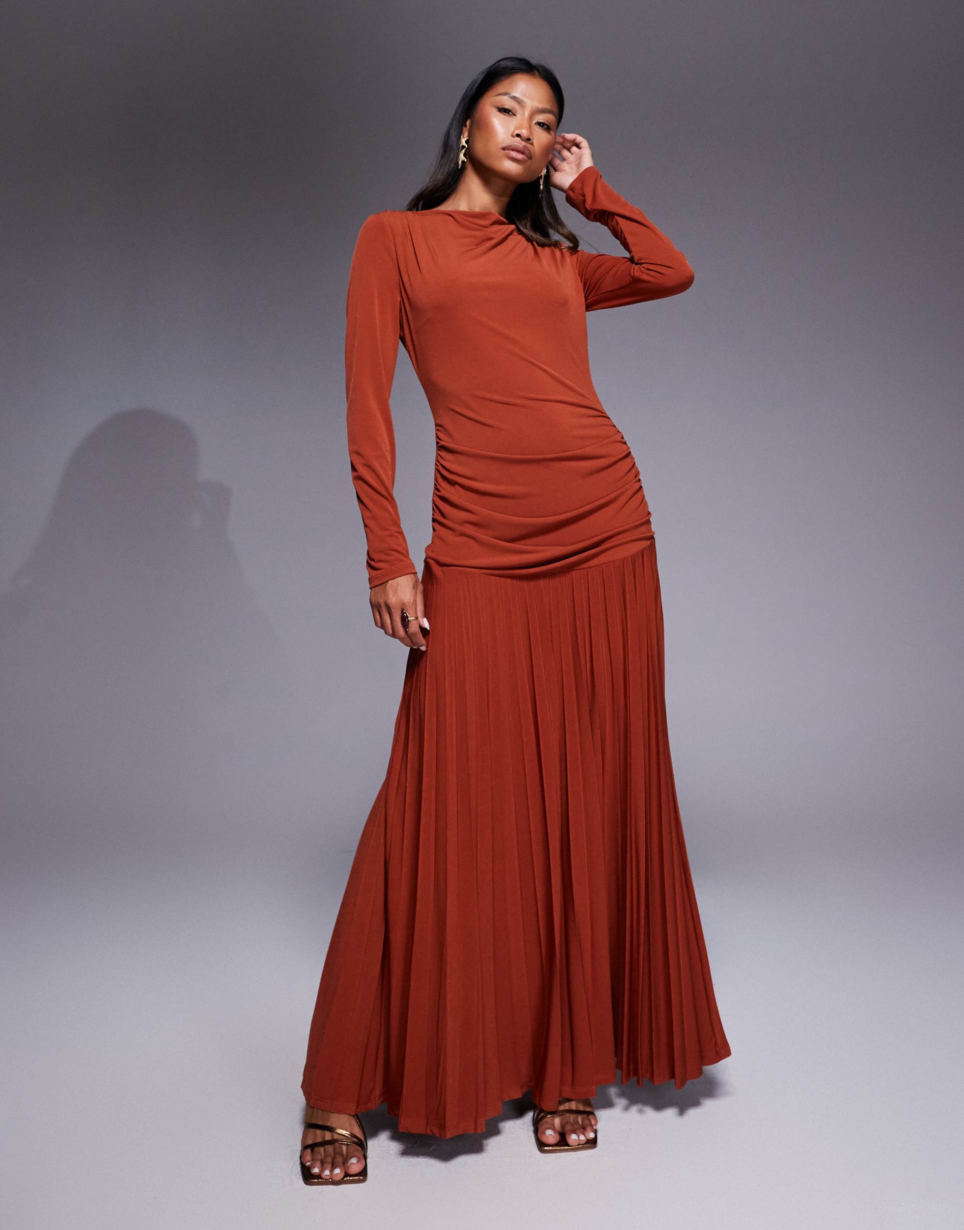 daska pleated maxi dress in rust