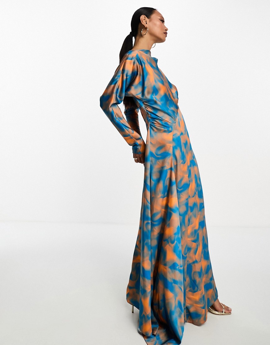 printed maxi dress in blue and orange-Multi