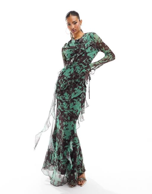 Daska - Robe en mousseline à volants - Vert imprimé 