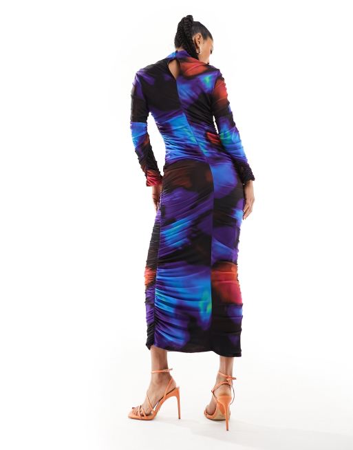Daska - Robe froncée mi-longue à manches longues et imprimé - Bleu marine, 3 de 4
