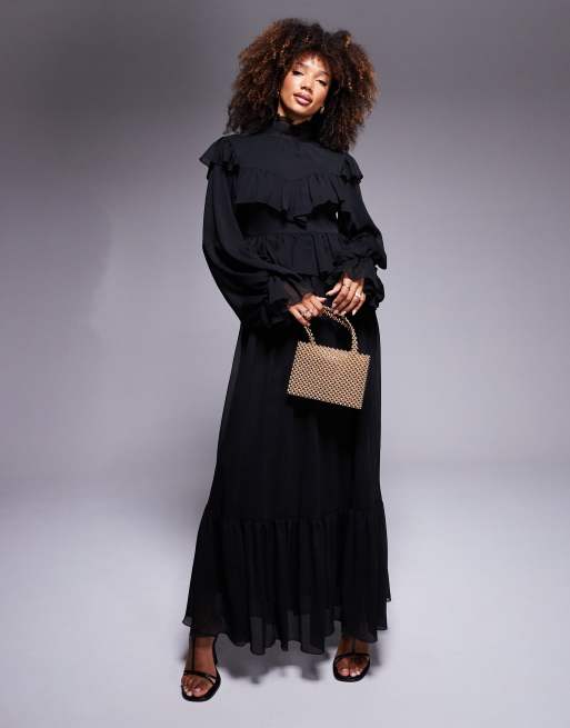 Daska - Robe longue à col montant en mousseline à volants - Noir