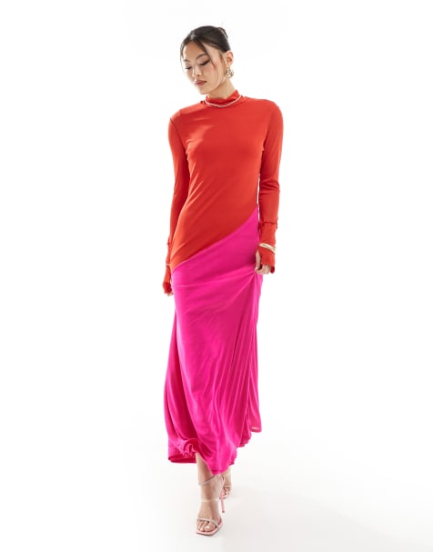 Daska - Robe longue à col montant - Rouge et fuchsia - view 1