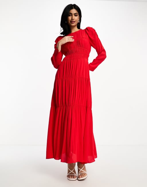 Daska - Robe longue à corsage structuré et manches bouffantes - Rouge