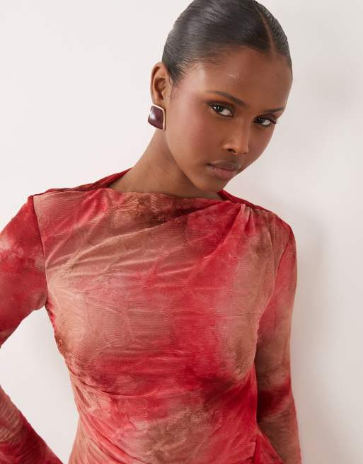 Daska - Robe longue à imprimé avec manches longues et volants - Rouge, 3 de 4