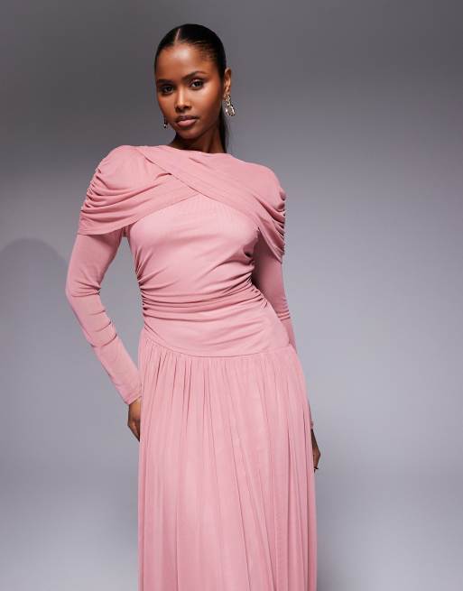 Daska - Robe longue à manches longues avec cape froncée et jupe plissée - Vieux rose, 3 de 4