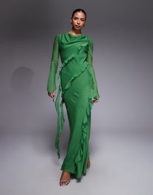 Robe longue à volants en mousseline - Vert 32-34
