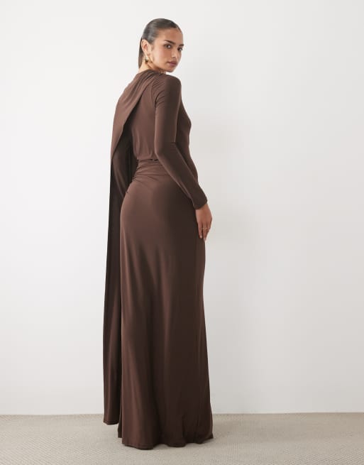 Daska - Robe longue cape asymétrique - Chocolat, 4 de 4