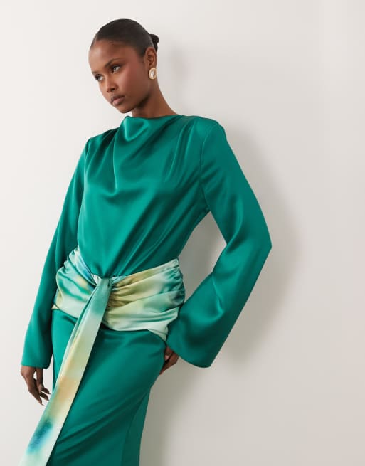 Daska - Robe longue drapée en satin avec liens contrastants - Vert, 2 de 4