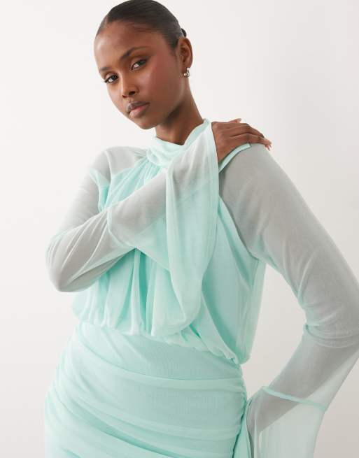 Daska - Robe longue effet drapé en tulle à manches longues et col montant - Aigue-marine , 2 de 4