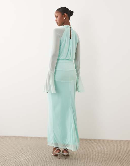 Daska - Robe longue effet drapé en tulle à manches longues et col montant - Aigue-marine , 3 de 4