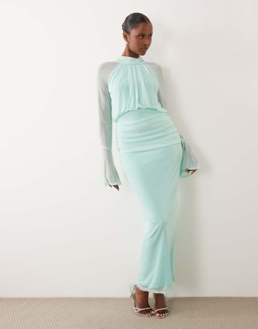 Daska - Robe longue effet drapé en tulle à manches longues et col montant - Aigue-marine , 4 de 4