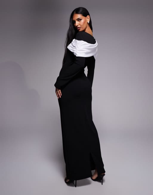 Daska - Robe longue en jersey avec détail drapé - Noir et ivoire, 3 de 4