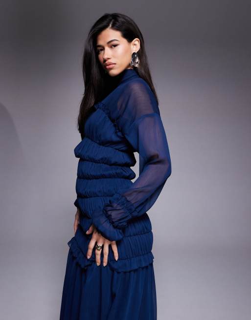 Daska - Robe longue en mousseline à encolure montante et buste froncé - Bleu marine, 2 de 4