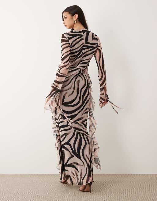 Daska - Robe longue en mousseline à volants et manches longues - Imprimé zébrures, 4 de 4
