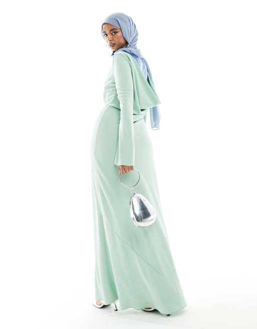 Daska - Robe longue en mousseline avec dos bénitier et imprimé - Vert sauge