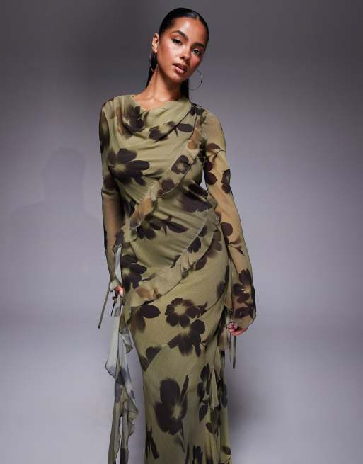 Daska - Robe longue en mousseline avec froufrous - Imprimé abstrait, 4 de 4