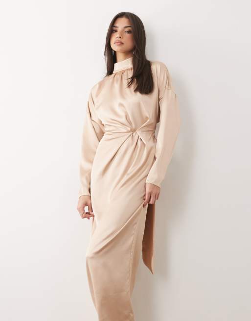 Daska - Robe longue en satin à col montant, manches longues et détail noué - Doré, 2 de 4
