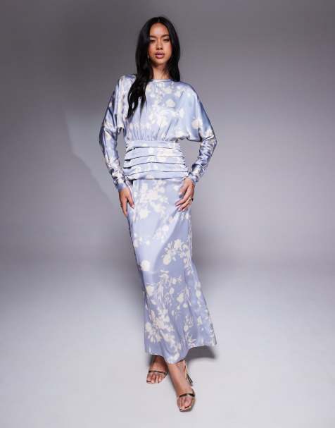 Daska - Robe longue en satin à manches chauve-souris - Bleu pâle à imprimé fleurs - view 1