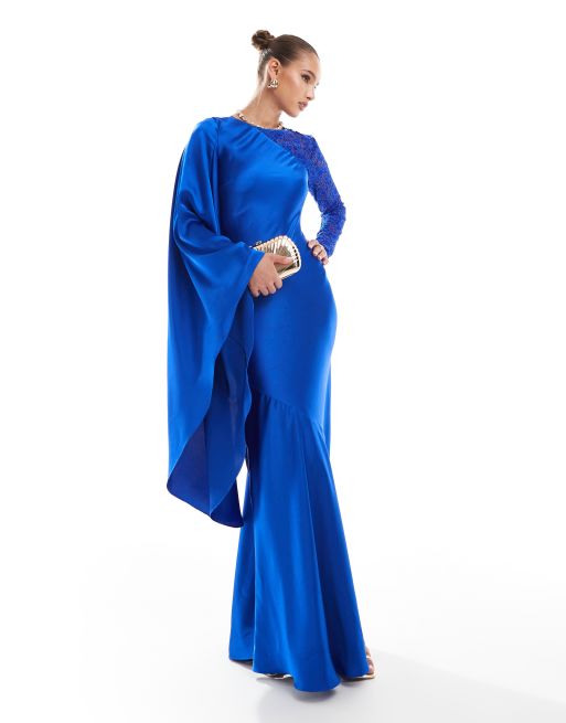 Daska - Robe longue en satin à manches volantées - Bleu de cobalt