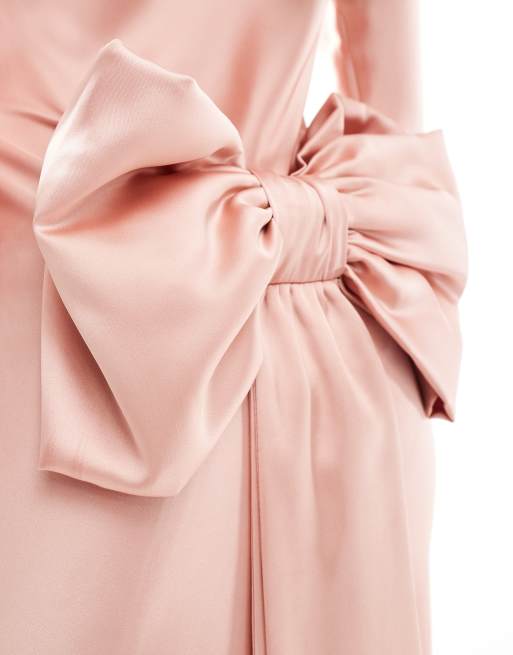 Daska - Robe longue en satin avec nœud oversize au dos - Vieux rose, 3 de 4