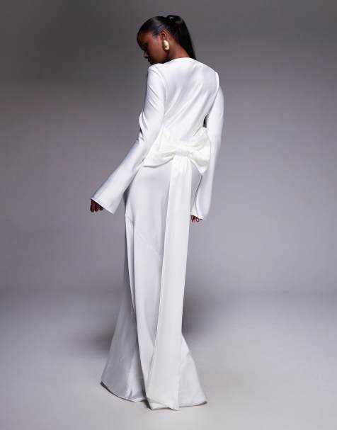 Daska - Robe longue en satin avec nœud oversize dans le dos - Ivoire - view 1